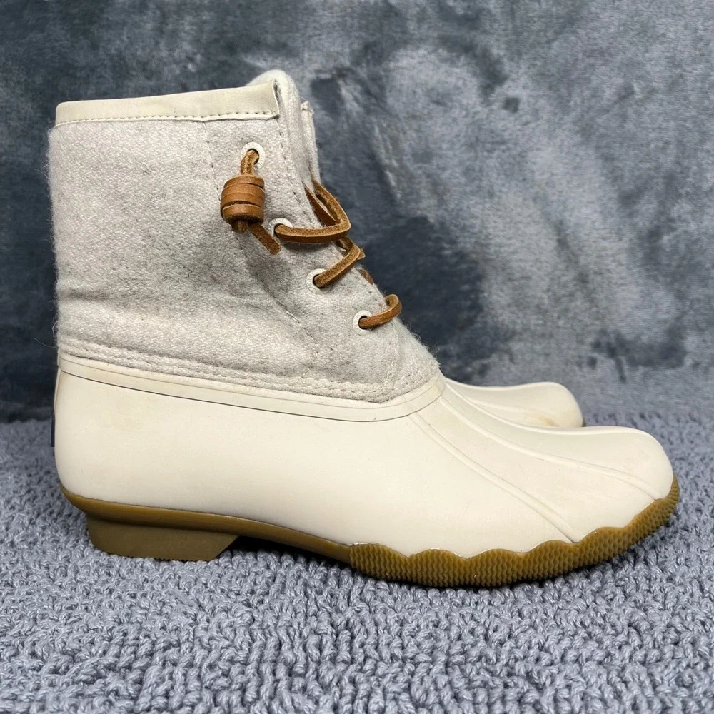 Sperry Saltwater Duck Boots Youth 4M Cream Grey Wool Textile STK163619